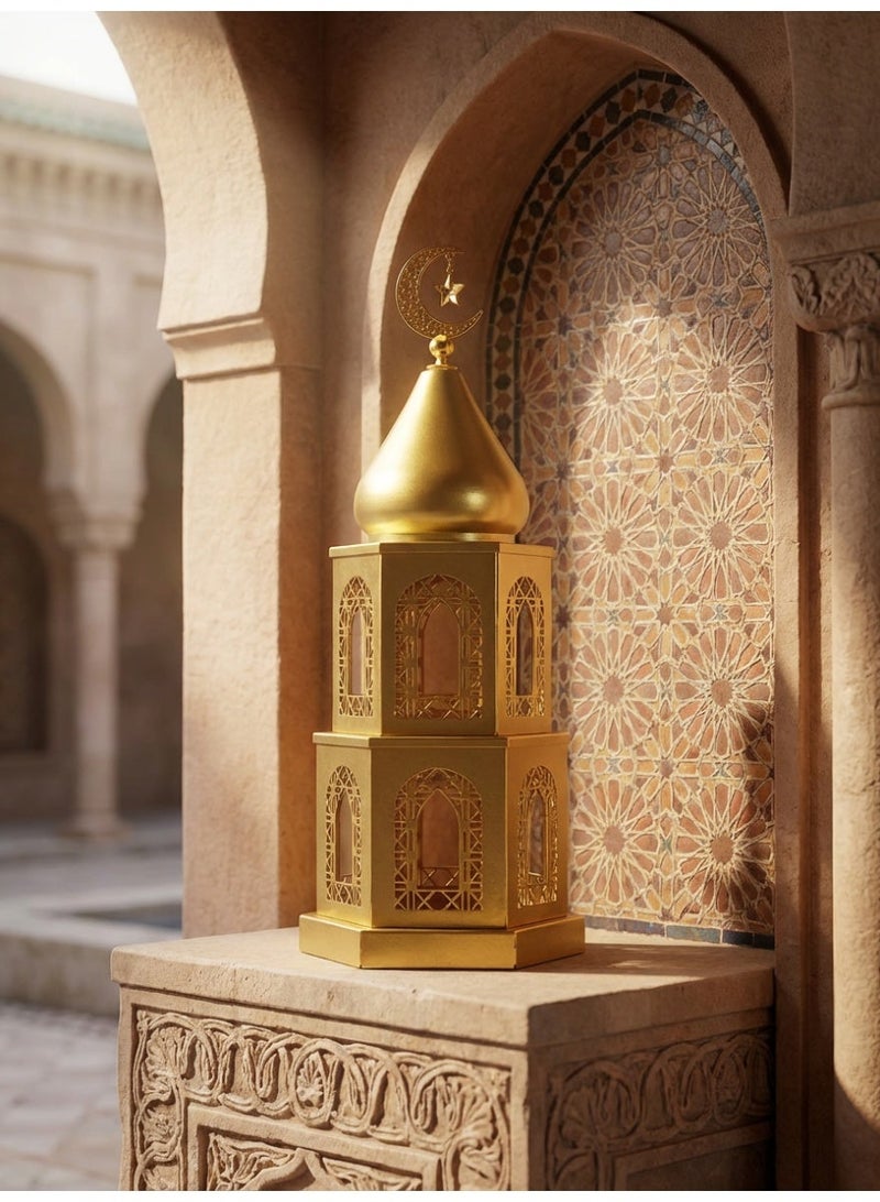 Tanseeq فوانيس منارة ذهبية أنيقة بطبقتين لعرض مركز طاولة رمضان - ديكور منزلي إسلامي هدية عيد مبارك تمثال مسجد معدني حامل شمعة 38 سم - Image 4